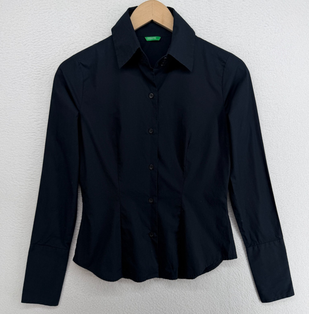 MADE IN ITALY OF BENETTON Top Womens S Shirt Button Up Long Sleeve Black Vtg